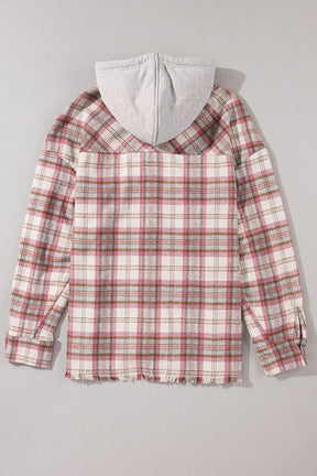 Multicolor Plaid Flap Pocket Hooded Raw Hem Shacket-True and Wild