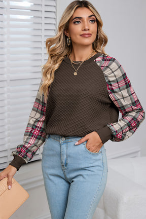 Brown Plaid Print Waffle Quilted Raglan Sleeve Sweatshirt-True and Wild