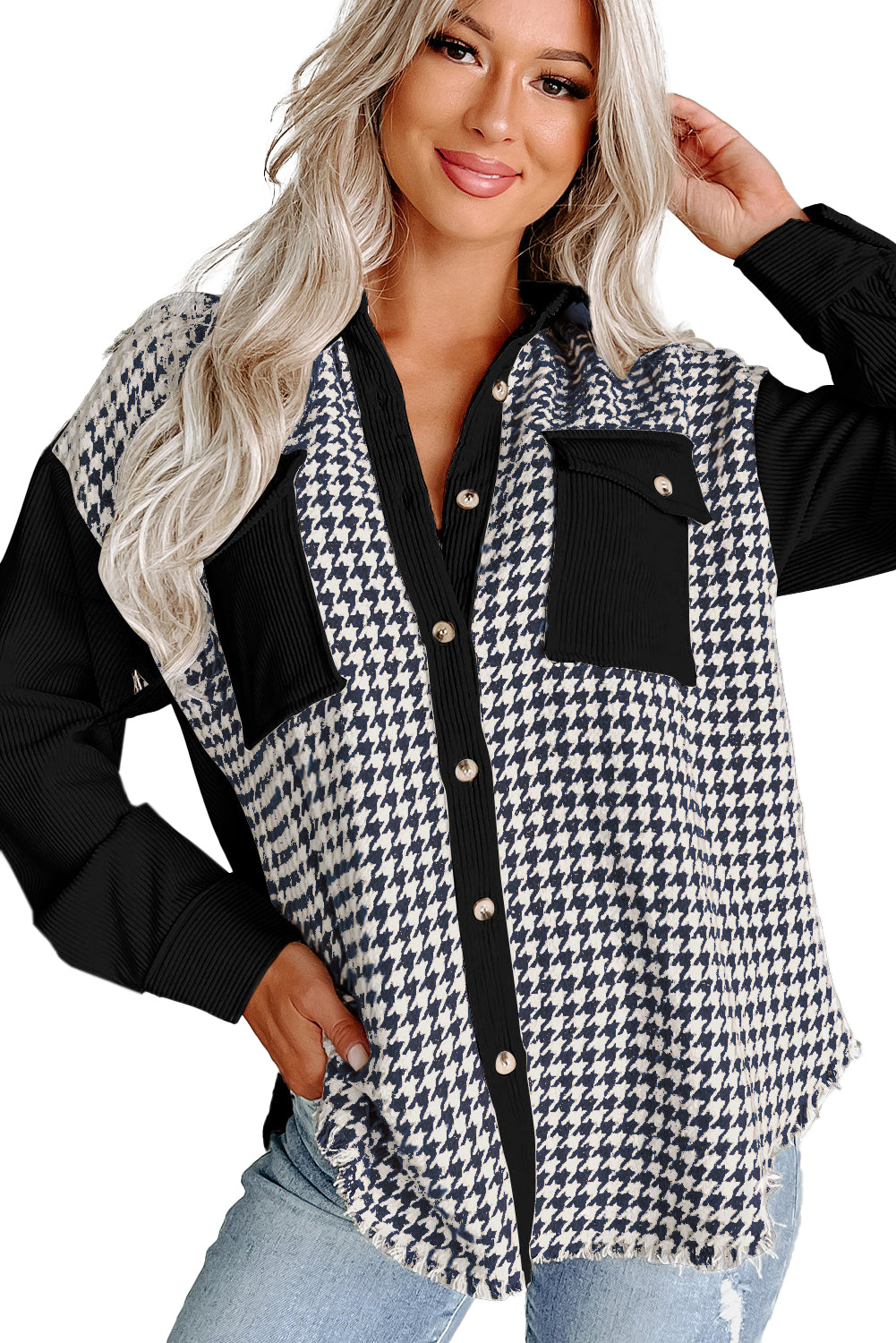 Black Houndstooth Corduroy Patchwork Flap Pocket Shacket-True and Wild