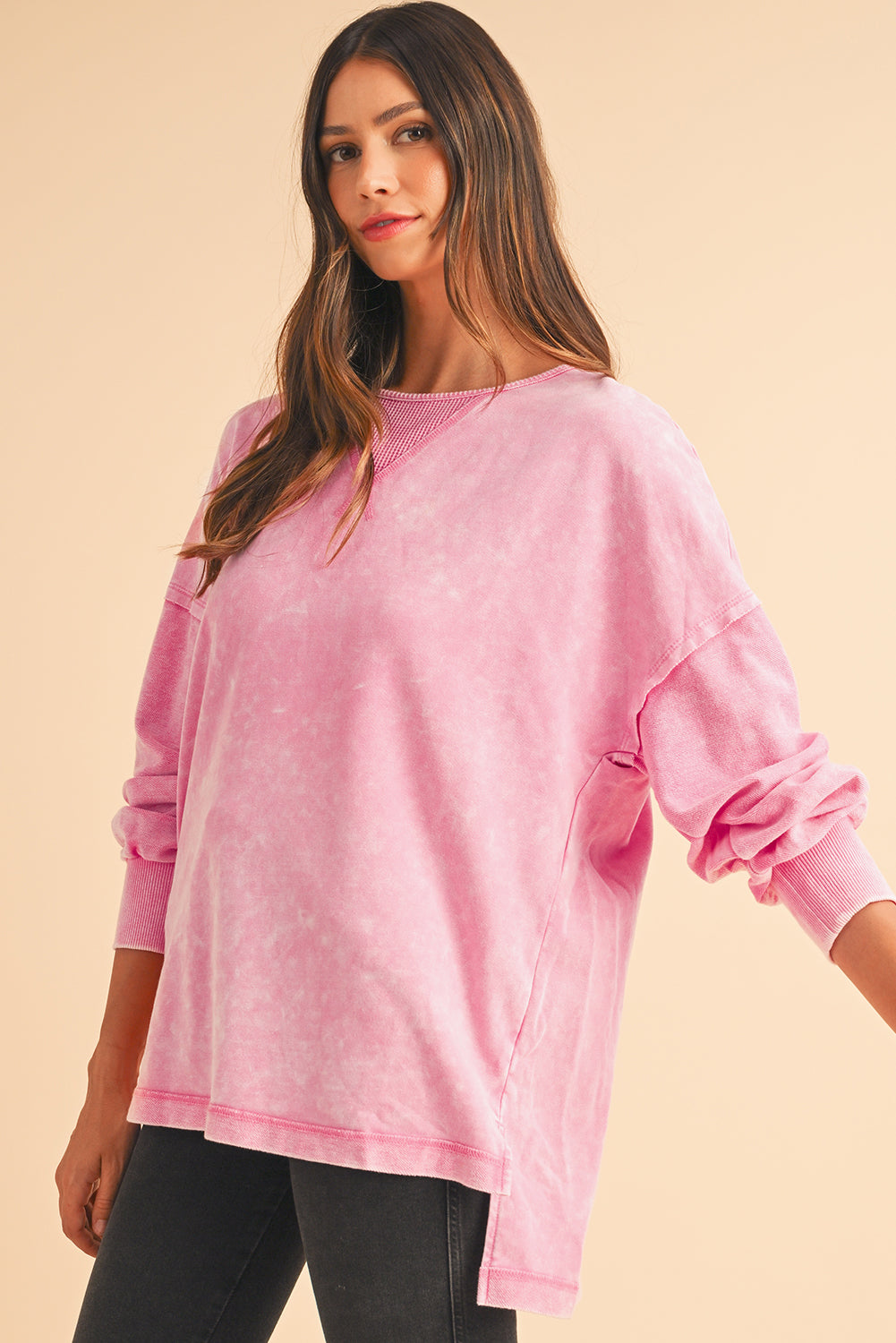 Strawberry Pink Mineral Wash Drop Shoulder Oversized Sweatshirt