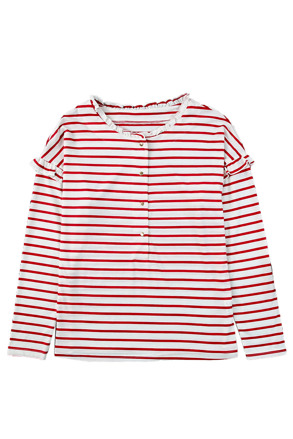 White Striped Snap Button Ruffle Trim Long Sleeve Top