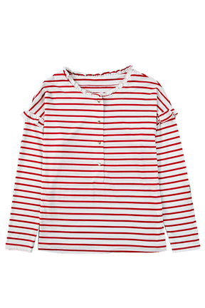 White Striped Snap Button Ruffle Trim Long Sleeve Top