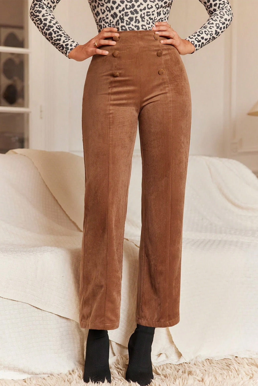 Chestnut Solid Color Double Breasted Straight Leg Pants-True and Wild