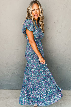 Blue Abstract Print Split V Neck Shirred High Waist Maxi Dress