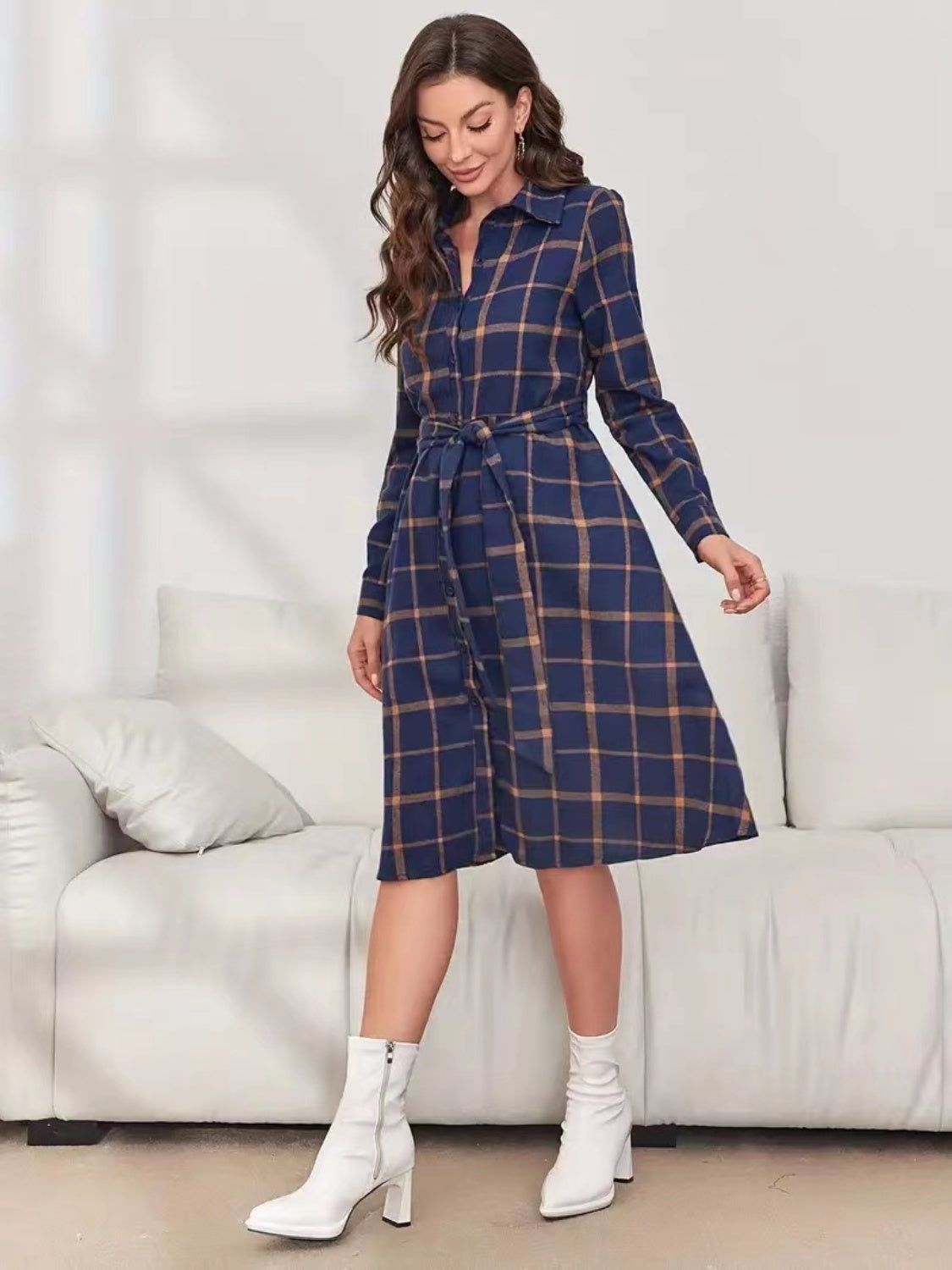 Plaid Tie Waist Long Sleeve Dress-True and Wild