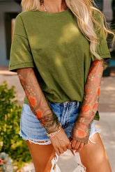 Fern Green Floral Mesh Patchwork Sleeve Crewneck Top-True and Wild