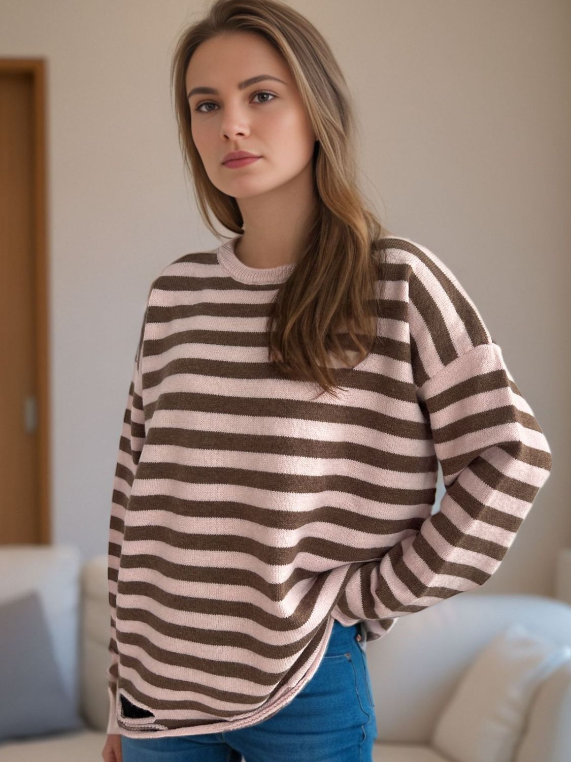 Distressed Striped Round Neck Long Sleeve Sweater