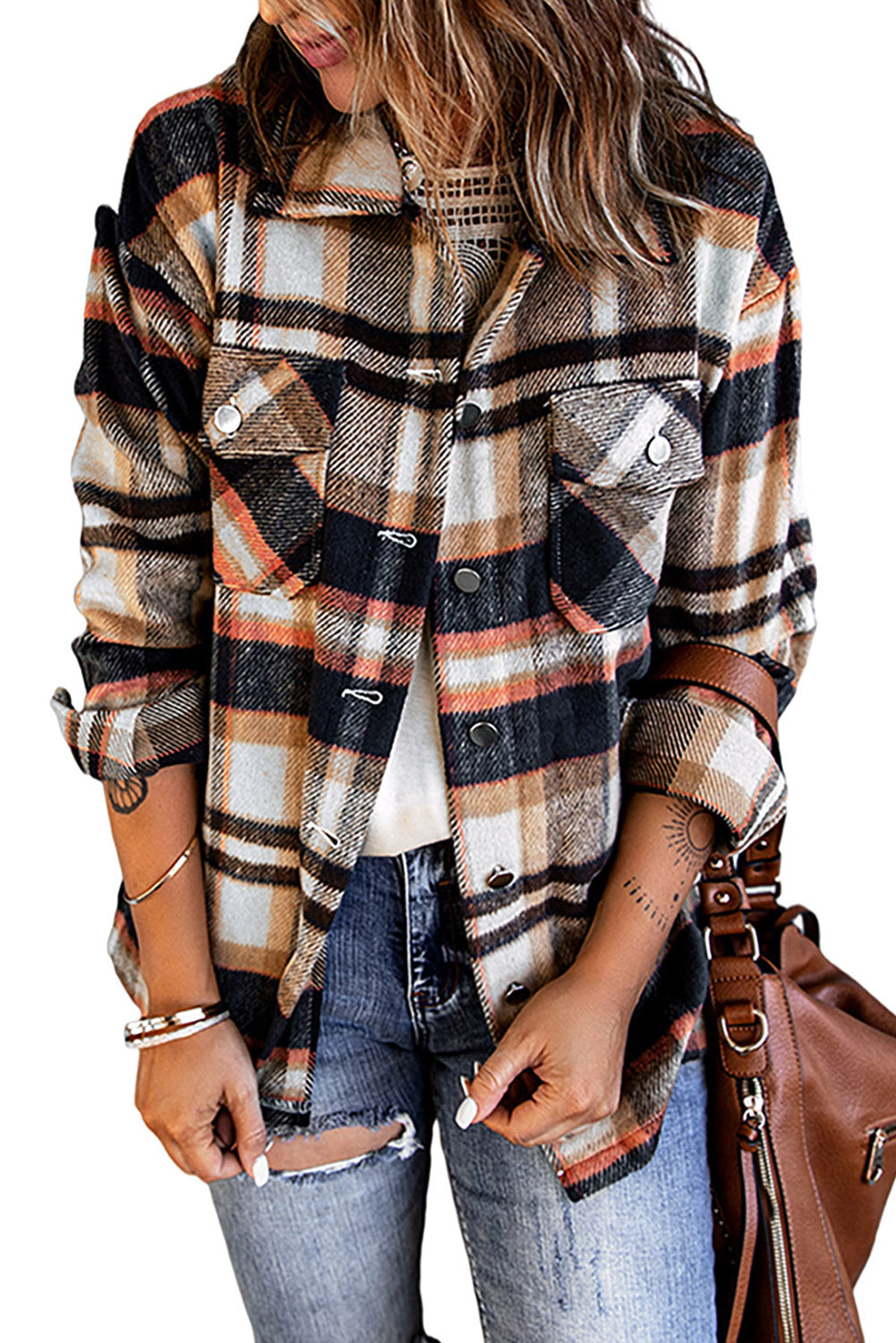 Khaki Plaid Print Casual Button Up Pocket Shacket-True and Wild