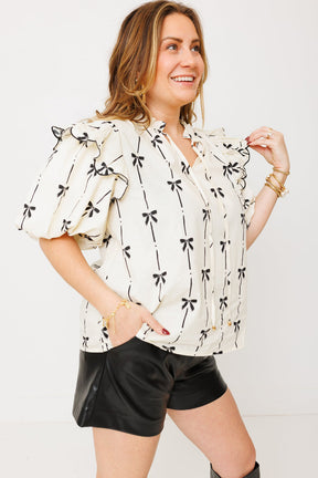 Apricot Bow Printed Ruffled Bubble Sleeve Lace-up Notched Neck Plus Size Blouse