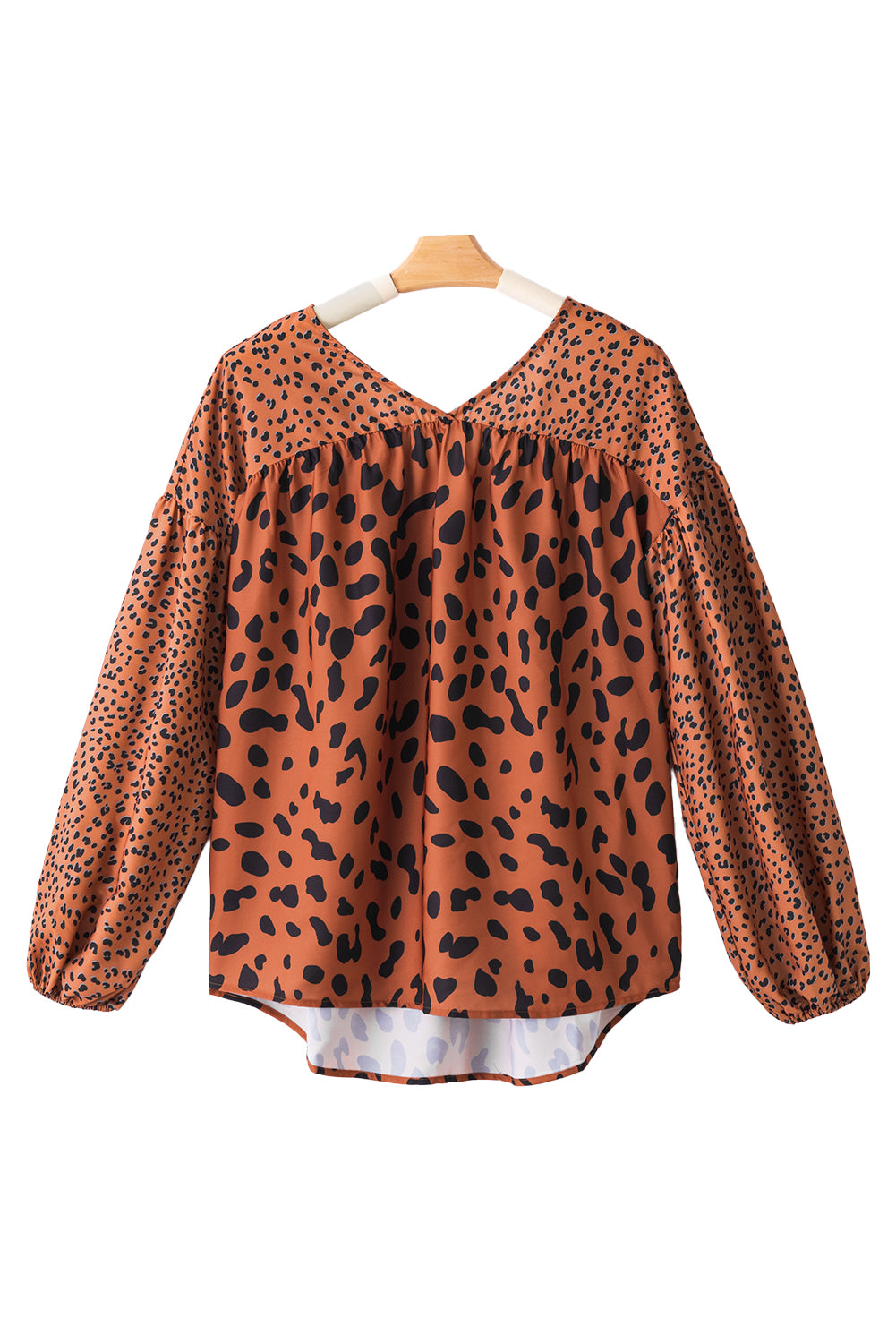 Brown Leopard V Neck Lantern Sleeve Tunic Blouse-True and Wild