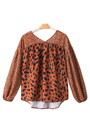 Brown Leopard V Neck Lantern Sleeve Tunic Blouse-True and Wild