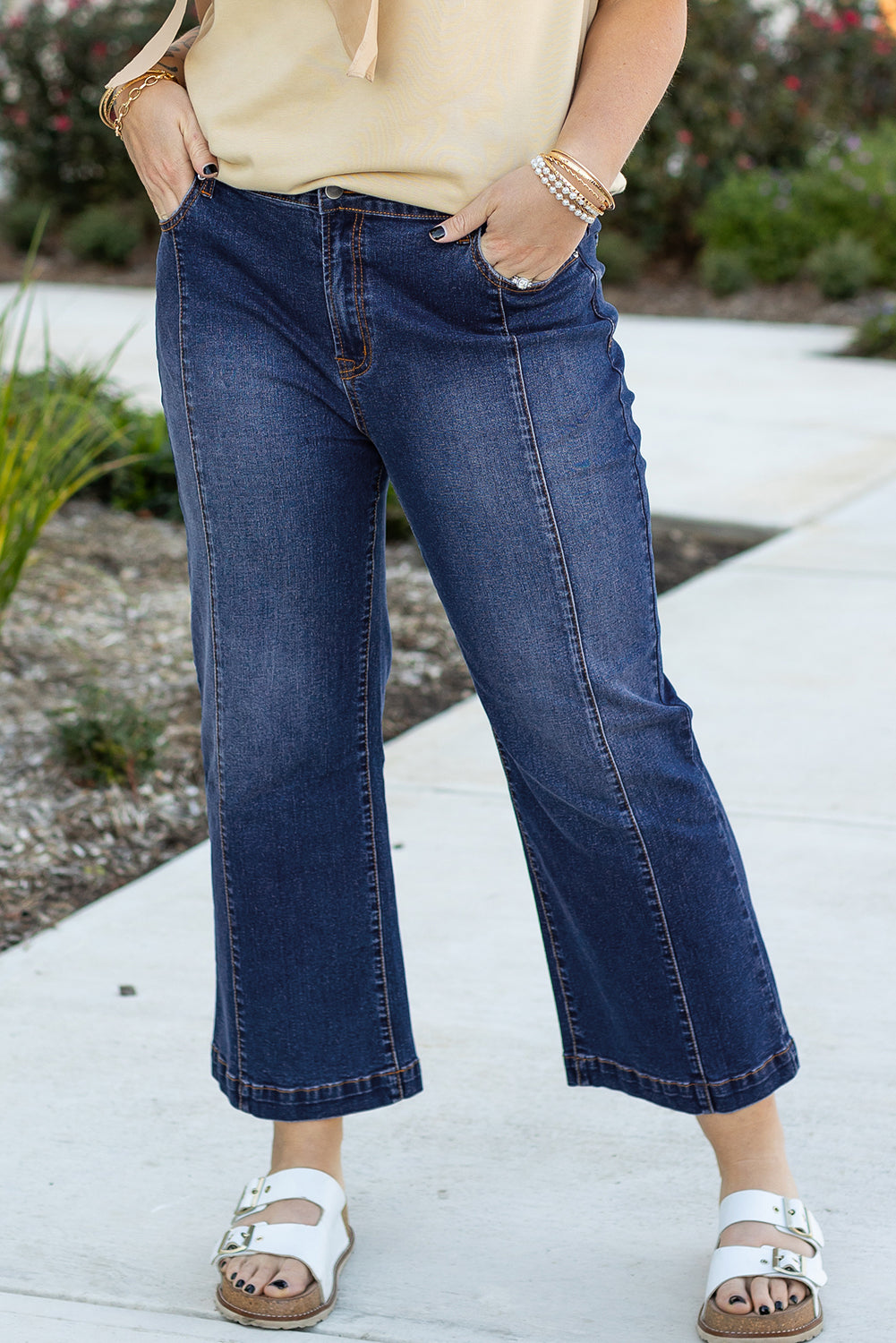 Navy Blue Plus Size Seamed Wide Leg High Waist Jeans-True and Wild