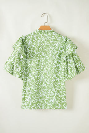 Light Green Floral V-Neck Ruffle Puff Sleeve Blouse