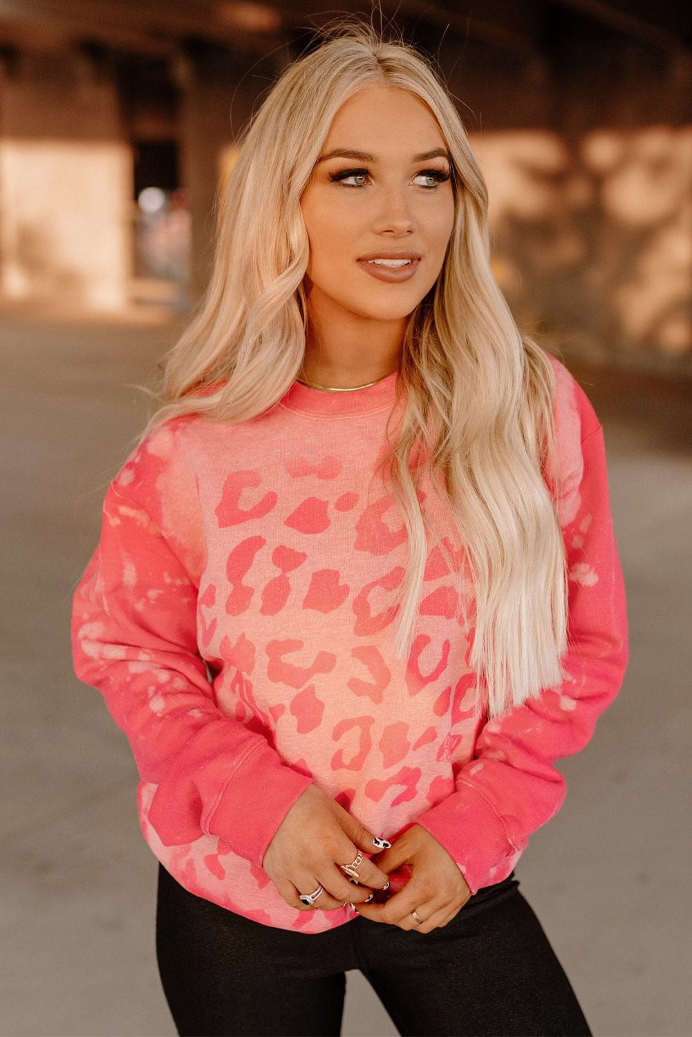 Pink Cheetah Print Drop Sleeve Bleached Sweatshirt-True and Wild