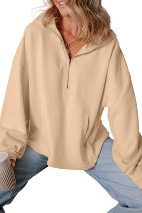 Black Half Zipper Kangaroo Pockets Drop Shoulder Hoodie-True and Wild