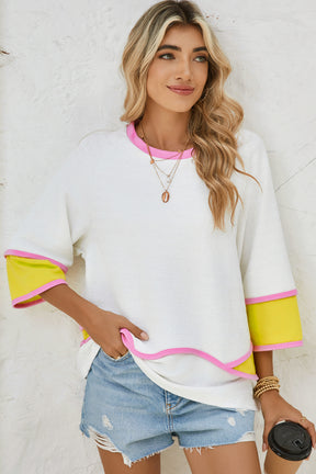 White Colorblock 3/4 Sleeve Relaxed Top