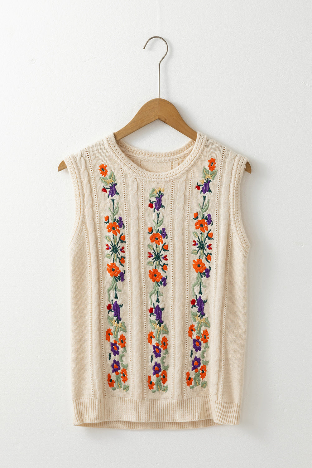 Jet Stream Embroidered Floral Cable Knit Vest Top-True and Wild