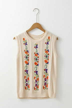 Jet Stream Embroidered Floral Cable Knit Vest Top-True and Wild