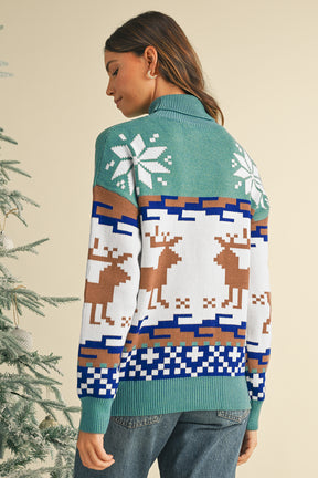 Canton Christmas Reindeer Snowflake Colorblock Turtleneck Sweater-True and Wild