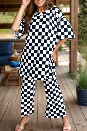 Checkered Round Neck Half Sleeve Top and Pants Set-True and Wild