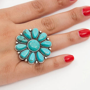 Artificial Turquoise Alloy Flower Ring-True and Wild