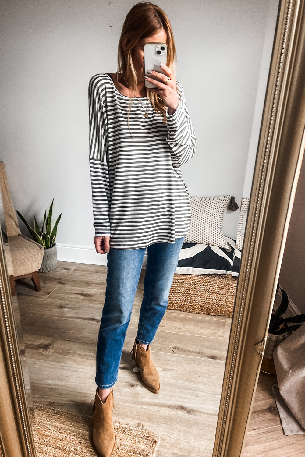 Gray Stripe Drop Sleeve Round Neck Oversized Top-True and Wild