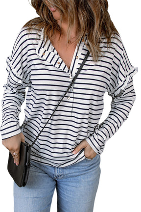 White Striped Snap Button Ruffle Trim Long Sleeve Top