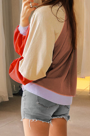 Long Sleeve Tops - Orange Color Block Side Slits Raglan Sleeve Loose Fit Top