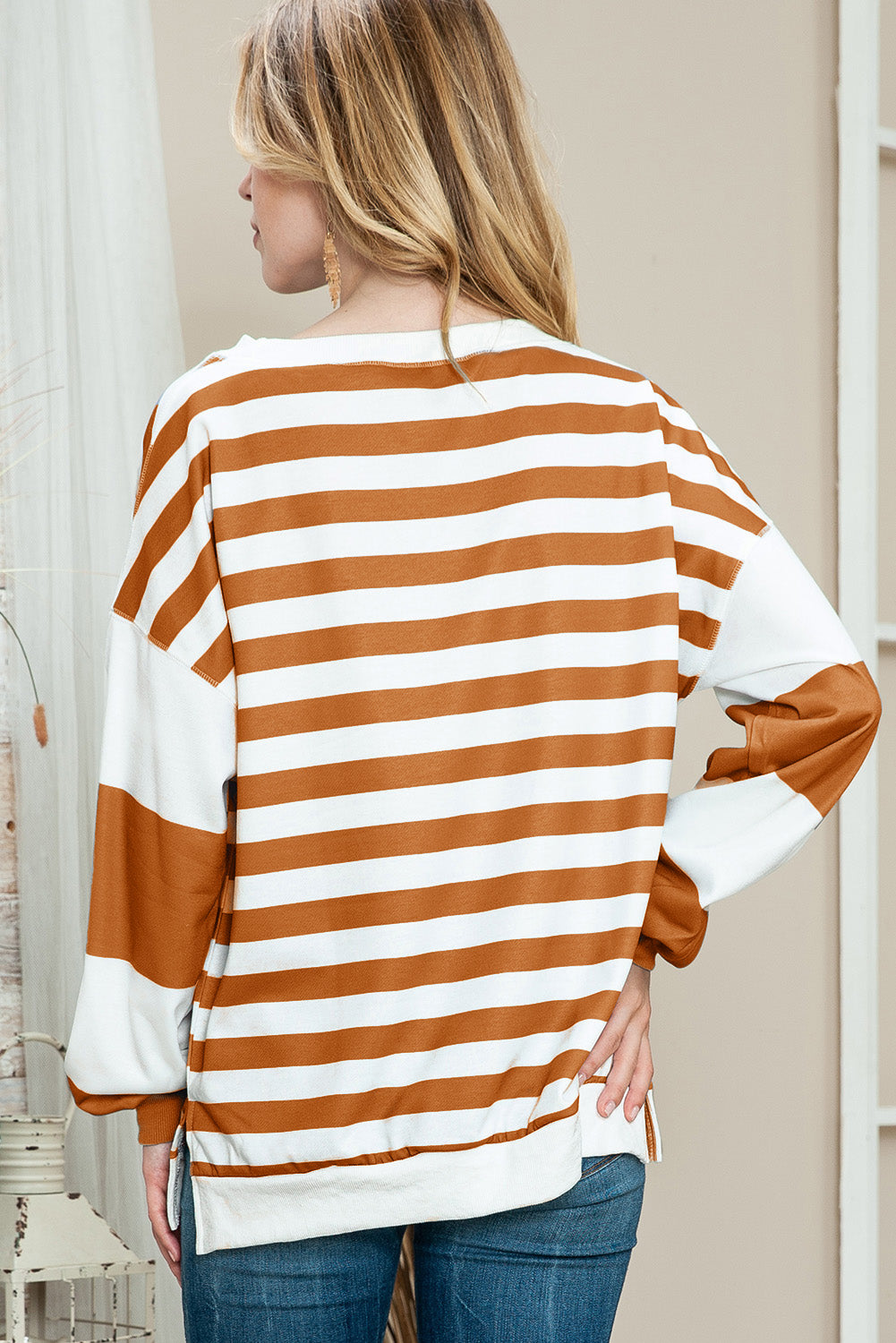 Blue Casual Striped Drop Shoulder Pullover Sweatshirt-True and Wild