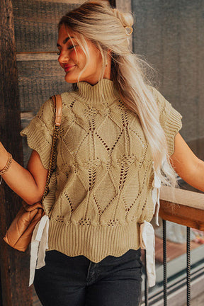 Knit Tops - Light French Beige Hollowed Knit Scalloped Trim High Neck Sweater