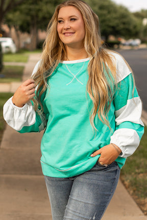 Aruba Blue Colorblock Patchwork Plus Sweatshirt-True and Wild