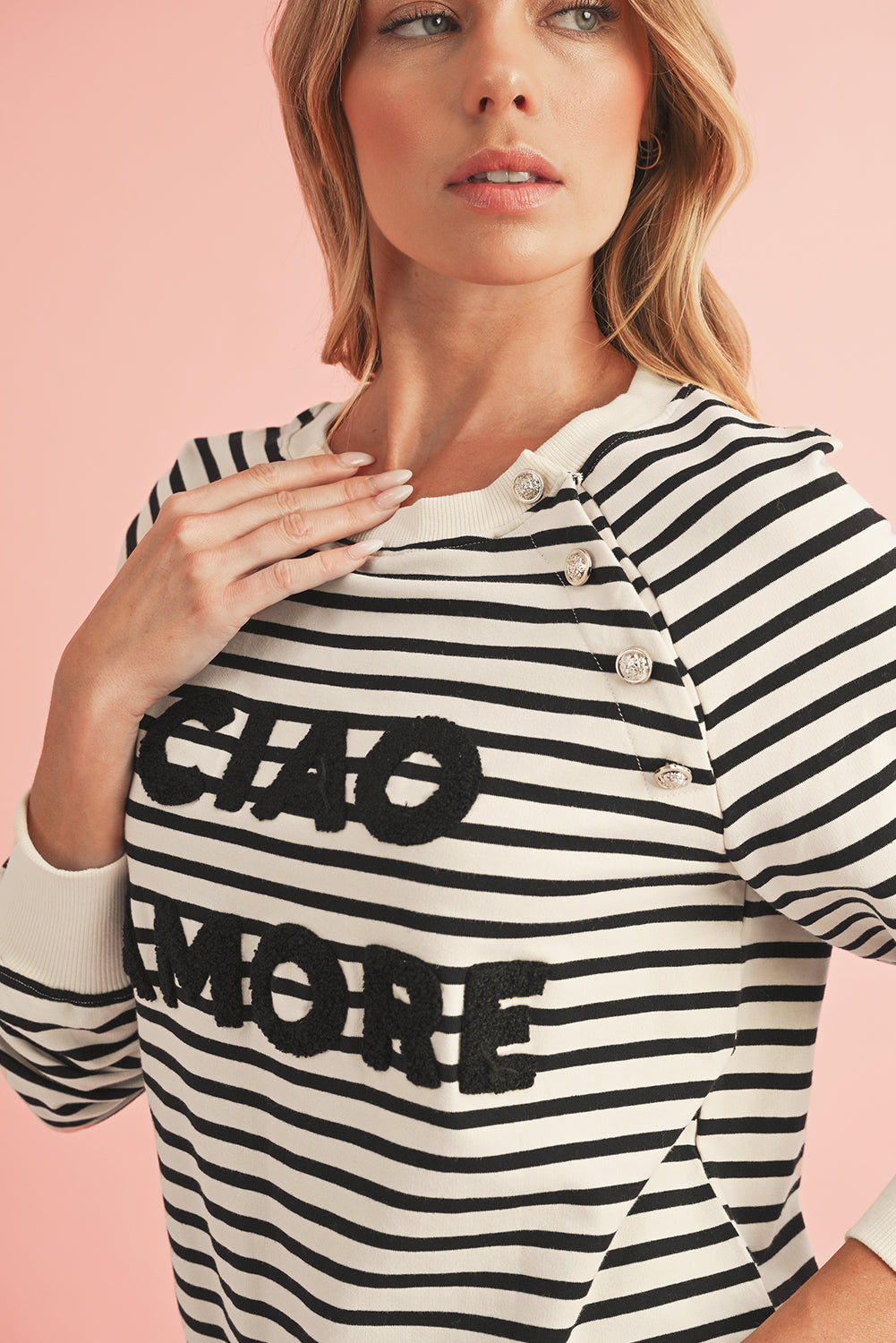 Black Stripe CIAO AMORE Graphic Buttoned Sweatshirt-True and Wild