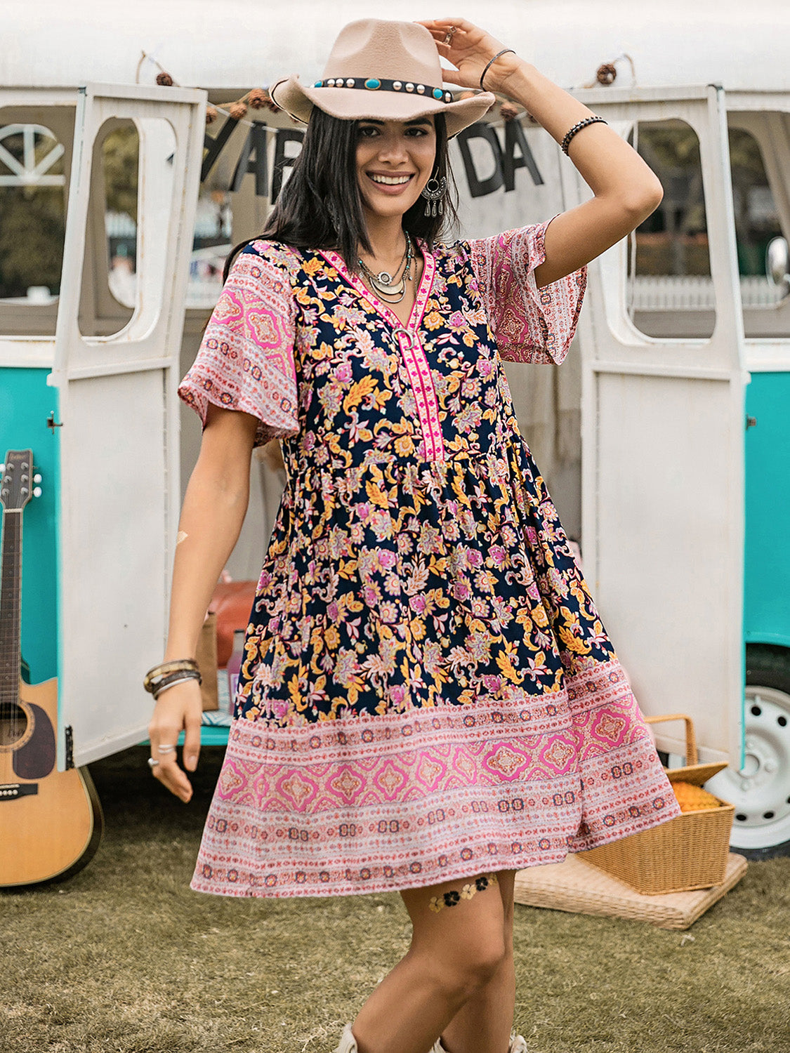 Printed V-Neck Short Sleeve Dress-True and Wild