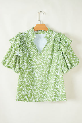 Light Green Floral V-Neck Ruffle Puff Sleeve Blouse