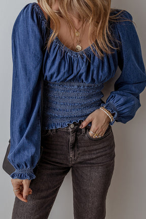 Dark Blue Smocked Ruffle Puff Sleeve V Neck Denim Top-True and Wild