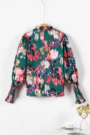 Green Abstract Print Frilled Neck Shirred Cuffs Blouse-True and Wild