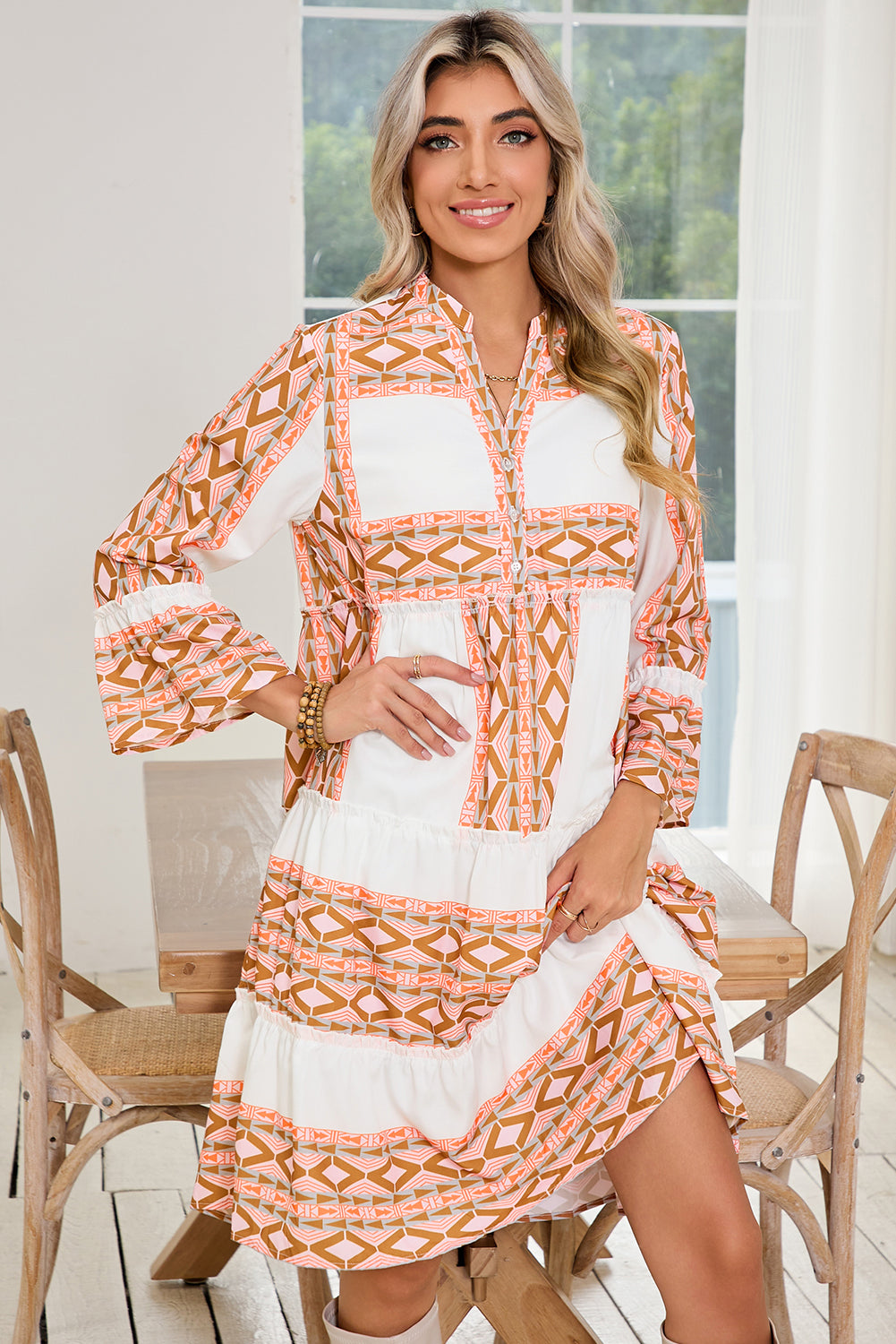 Orange Boho Geometric V-Neck Frill Tiered Mini Dress-True and Wild