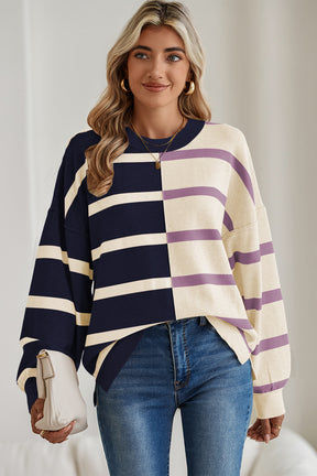 Light Beige Striped Colorblock Drop Shoulder Sweater-True and Wild