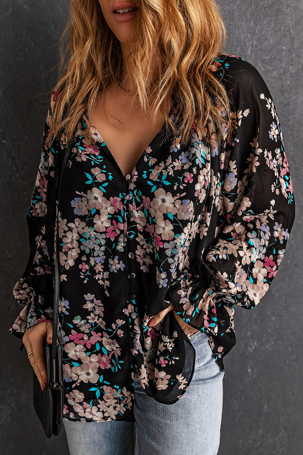 Black Floral Boho Chiffon Peasant Sleeve Blouse-True and Wild