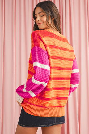 Orange Striped Colorblock Puff Sleeve Sweater-True and Wild