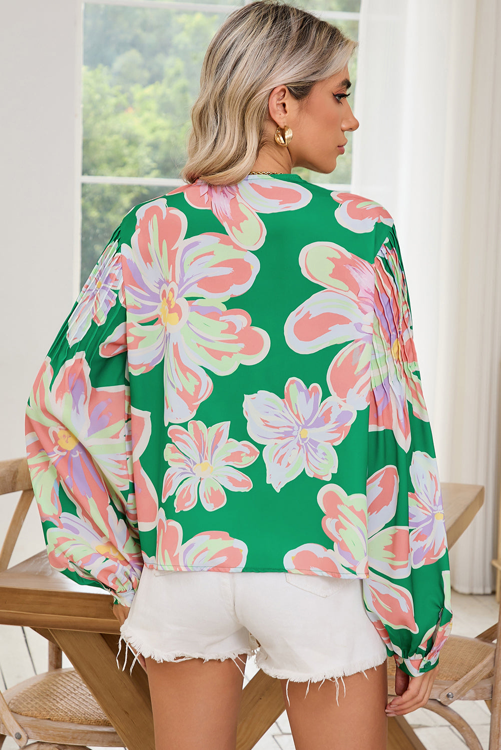 Green Floral Pleated Puff Sleeve Blouse-True and Wild