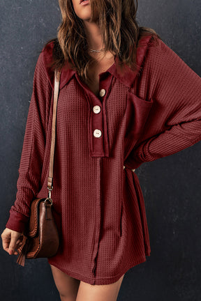 Red Waffle Pocket Seam Patchwork Loose Top-True and Wild