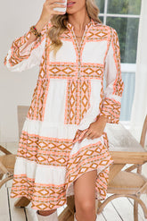 Orange Boho Geometric V-Neck Frill Tiered Mini Dress-True and Wild