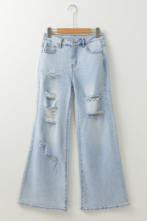 Beau Blue Light Wash Distressed High Waist Wide Leg Jeans-True and Wild