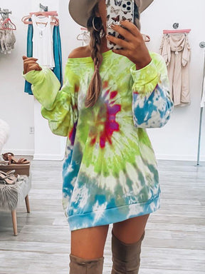 Full Size Tie-Dye Round Neck Long Sleeve Dress-True and Wild