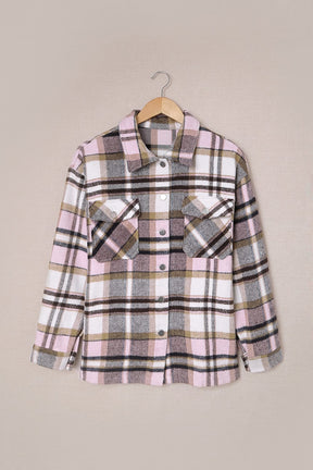 Jackets - Khaki Plaid Print Casual Button Up Pocket Shacket