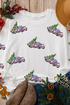 Beige Sequins A Truck of Christmas Tree Graphic Sweatshirt-True and Wild