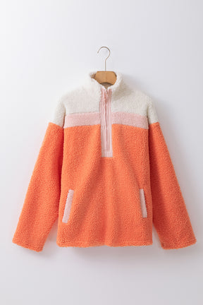 Orange Colorblock Zipper Stand Neck Sherpa Sweatshirt-True and Wild