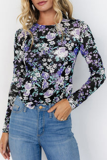 Orchid Petal Allover Floral Print Mesh Long Sleeve Top