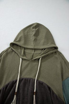 Laurel Green Waffle Knit Patchwork Drawstring Hooded Top-True and Wild